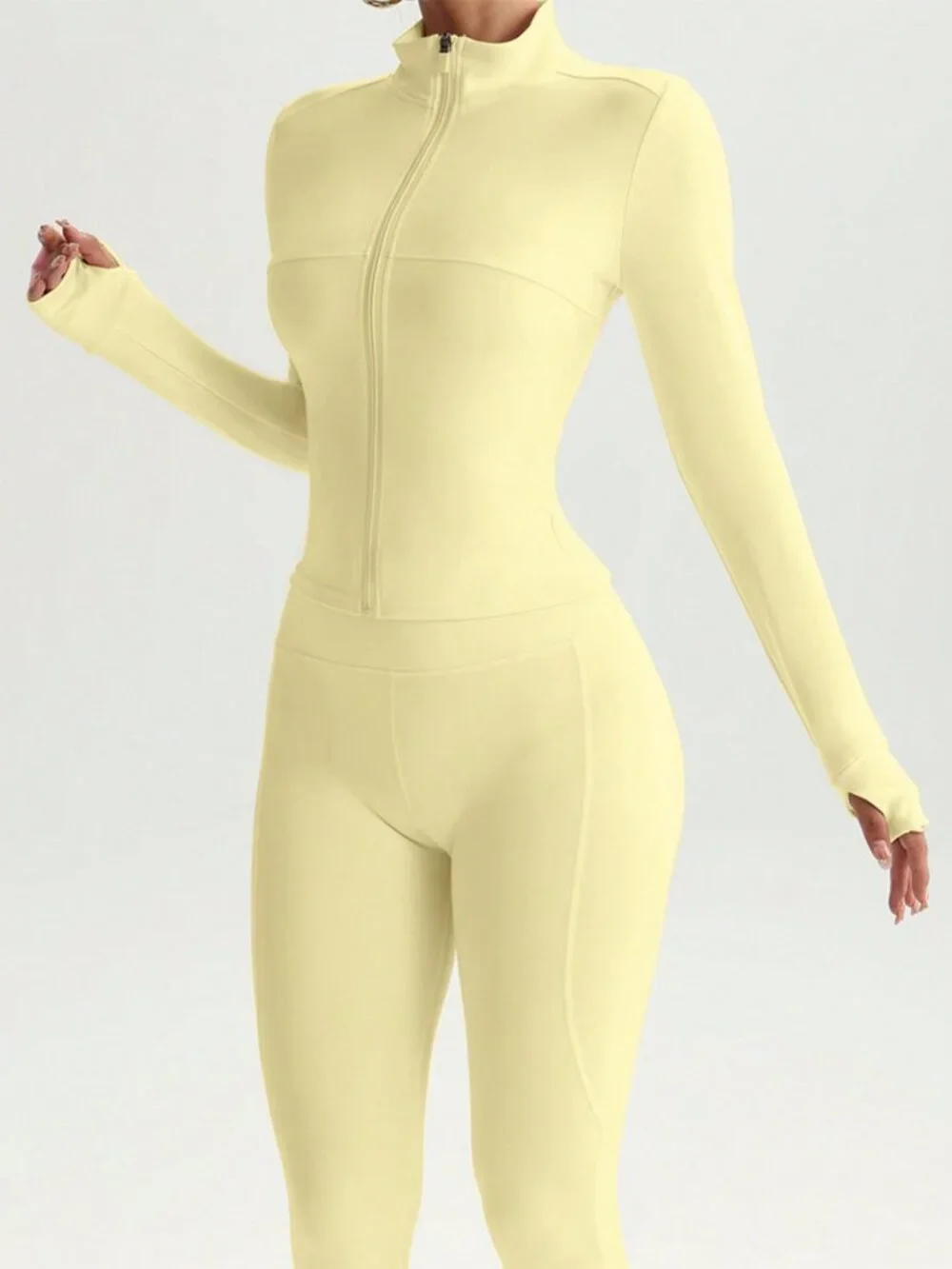 Yellow Slim Women's Zipper Fly Plain Stand Collar Athletic Set